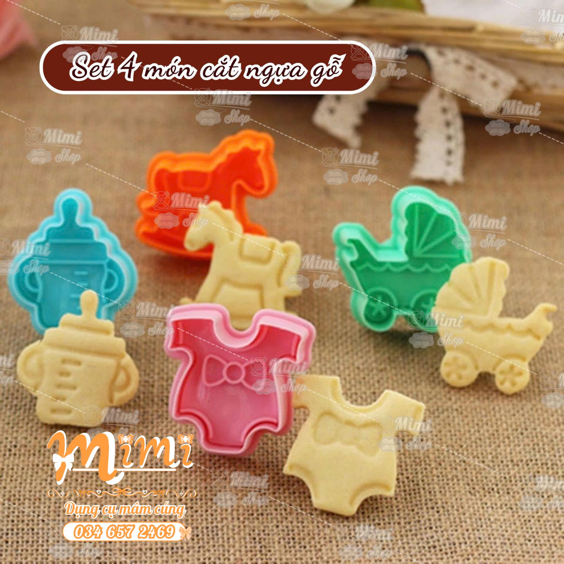 Sét 4 khuôn nhấn NGỰA GỖ cutter bánh cookie nhấn đậu